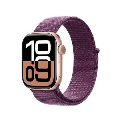 Imagem Apple Watch Series 10 GPS, Caixa Cor de Ouro Rosa de Alumínio de 42 mm, Pulseira Loop Esportiva Ameixa - MWWK3AM/A