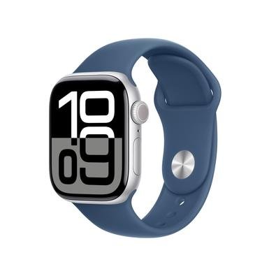 Imagem Apple Watch Series 10 GPS + Cellular, Caixa Prateada de Alumínio de 42 mm, Pulseira Esportiva Denim, Tamanho P/M - MWX33AM/A