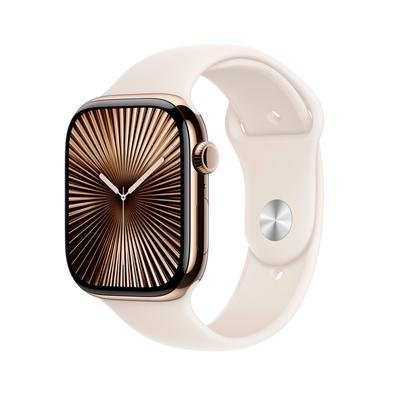 Imagem Apple Watch Series 10 GPS + Cellular, Caixa Dourada de Titânio de 46 mm, Pulseira Esportiva Estelar, Tamanho M/G - MWYY3AM/A