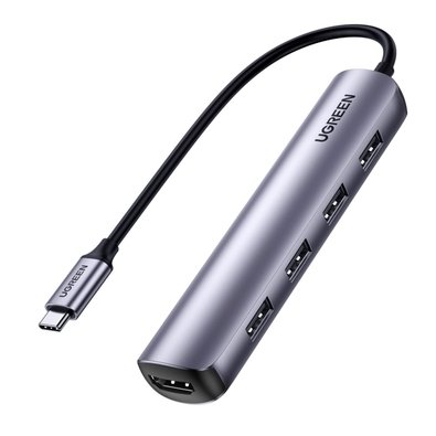 Adaptador HUB 5 em 1 Ugreen, USB-C para 4x USB 3.0 e HDMI, Prata - UG-20197