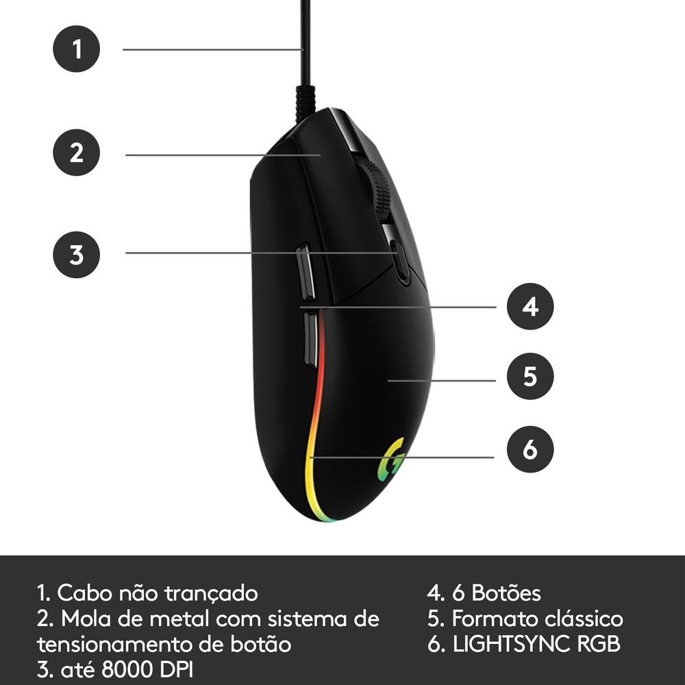 Mouse Gamer Logitech G203 Rgb Lightsync 6 Botões 8000 Dpi Preto