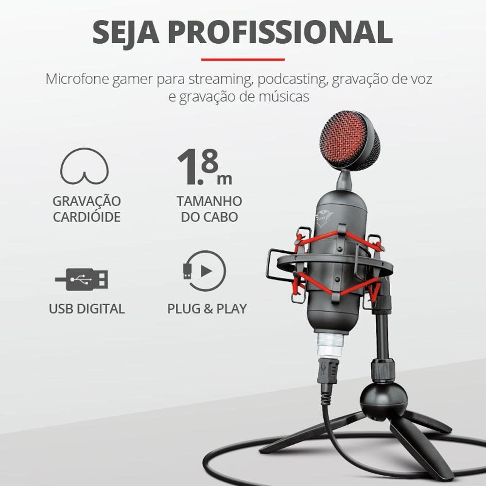 Microfone Streamer Trust Gaming GXT 244 Buzz Podcast, USB - 23466