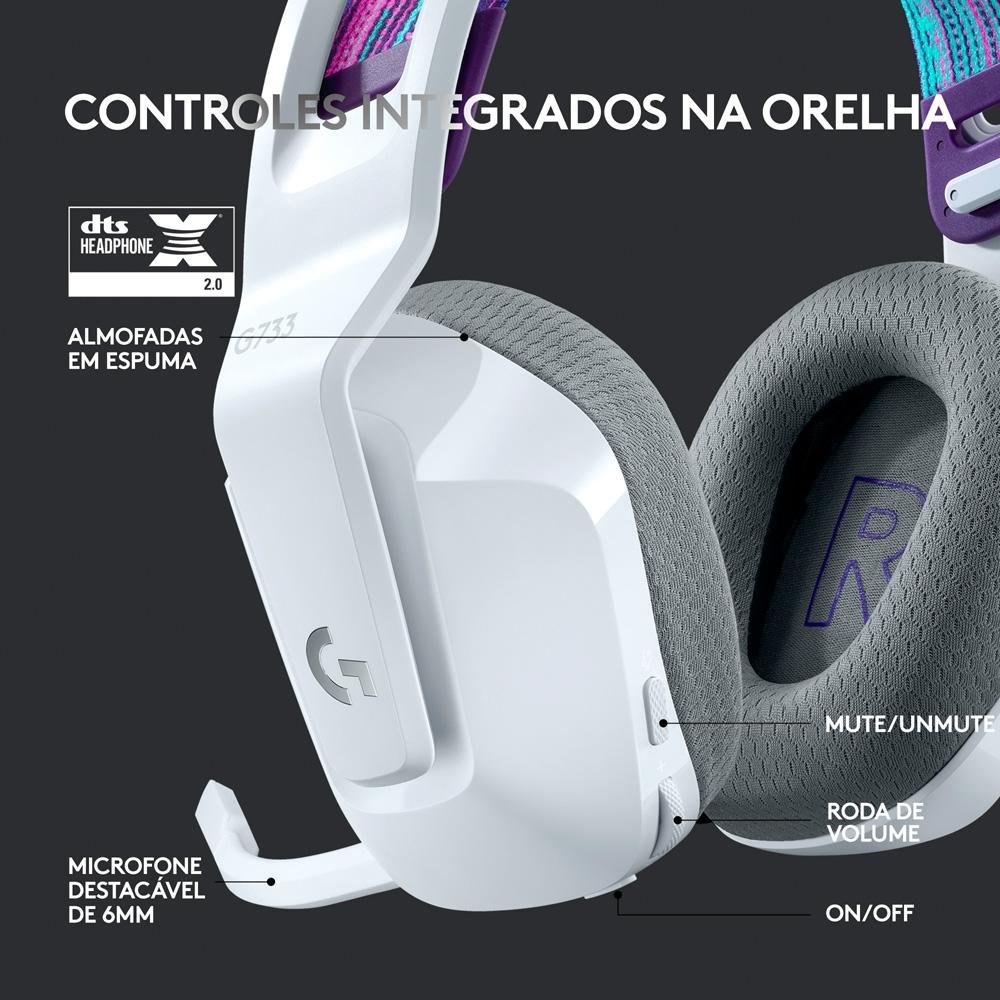 Headset Gamer Sem Fio Logitech G733 7.1 Dolby Surround RGB LIGHTSYNC, Blue VOICE para PC e PlayStation, Branco - 981-000882