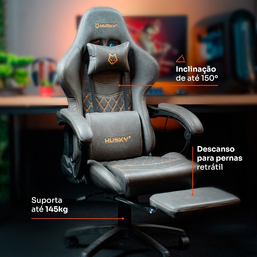 Cadeira Gamer Husky Tempest 700, Até 145kg, Almofadas, Reclinável 150º, PU, Descanso para Pés, Cinza - HCG700CZ - view 6