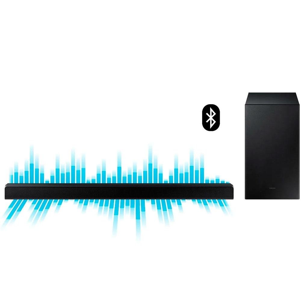 Soundbar Samsung, 2.1 Canais, 410W RMS, Bluetooth, Subwoofer Sem Fio, Preto - HW-A555 Soundbar Samsung, 2.1 Canais, 410W RMS, Bluetooth, Subwoofer Sem Fio, Preto - HW-A555