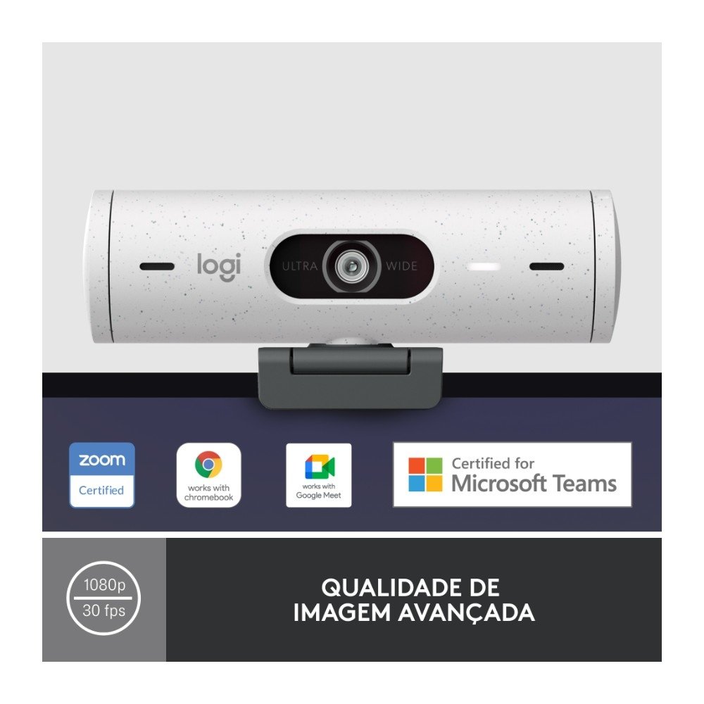 Webcam + Suporte Logitech Brio 500 Full HD, 1080p, 30 FPS, com Microfones Duplos, USB, Suporte Incluso, Branco - 960-001426