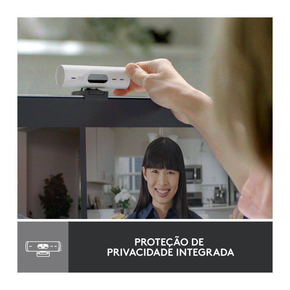 Webcam + Suporte Logitech Brio 500 Full HD, 1080p, 30 FPS, com Microfones Duplos, USB, Suporte Incluso, Branco - 960-001426