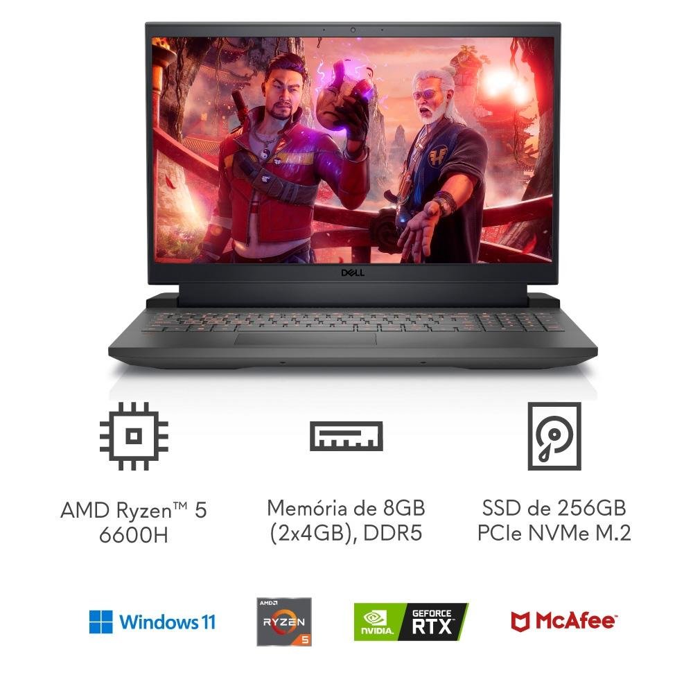 Notebook Gamer Dell G15 AMD Ryzen 5-6600H, 8GB RAM, GeForce RTX 3050 6GB, SSD 256GB, 15.6 Full HD 120Hz, Windows 11 Home, Preto - G15-a0506-A10P Notebook Gamer Dell G15 AMD Ryzen 5-6600H, 8GB RAM, GeForce RTX 3050 6GB, SSD 256GB, 15.6 Full HD 120Hz, Windows 11 Home, Preto - G15-a0506-A10P