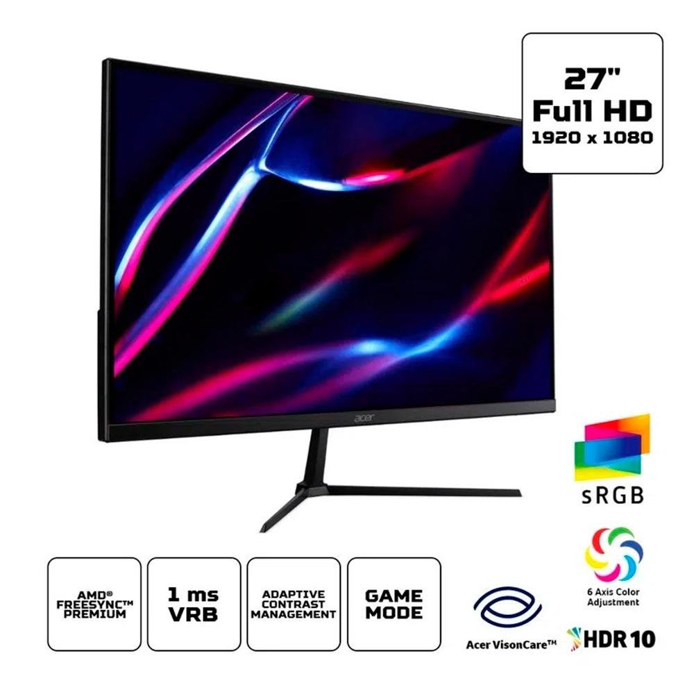 Monitor Gamer Acer QG270 Nitro 27", 180Hz, Full HD, 1ms, DisplayPort e HDMI, 95% sRGB, HDR 10, FreeSync - UM.HQ0AA.304