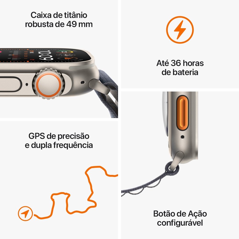 Apple Watch Ultra 2 49mm GPS + Cellular, Caixa de Titânio, Pulseira Loop Trail Azul/preto, Tamanho M/G, Neutro em Carbono - MRF63BZ/A Apple Watch Ultra 2 49mm GPS + Cellular, Caixa de Titânio, Pulseira Loop Trail Azul/preto, Tamanho M/G, Neutro em Carbono - MRF63BZ/A