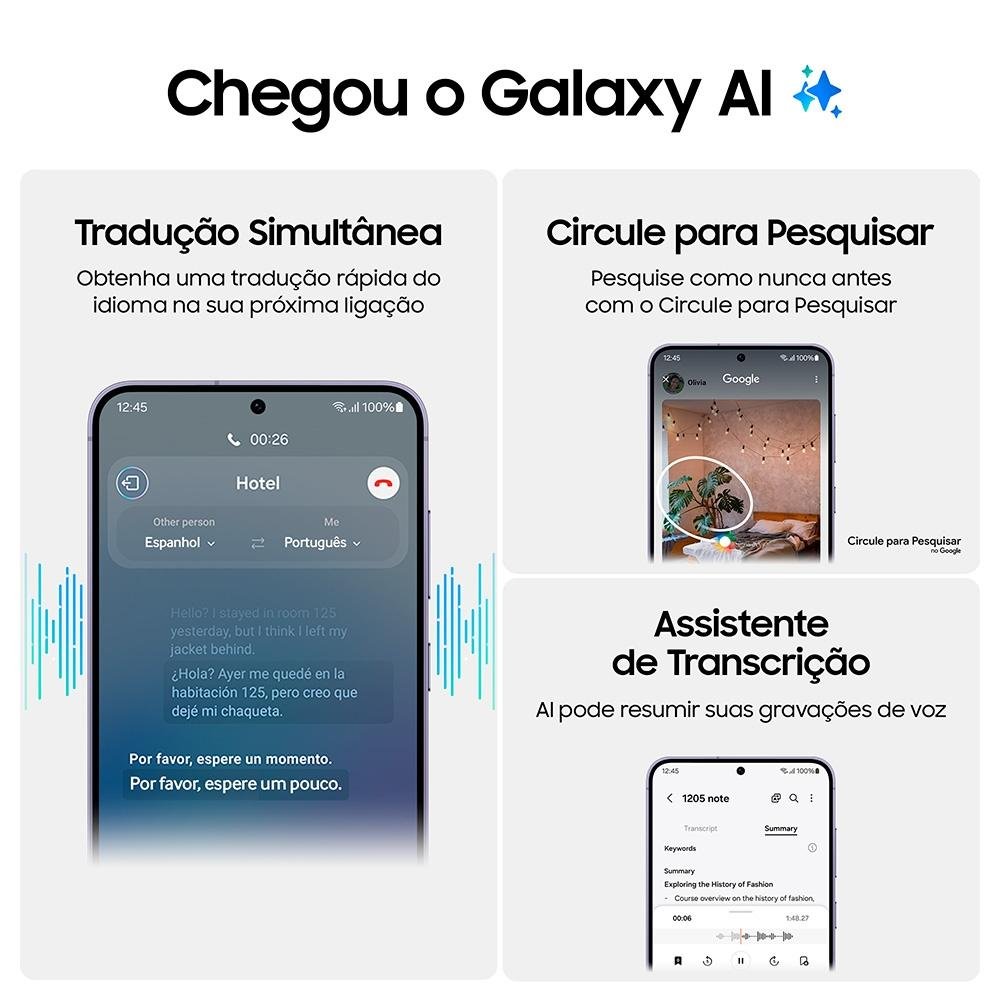 Smartphone Samsung Galaxy S24, Galaxy AI, Câmera Tripla 50MP, Tela de 6.2" 1-120Hz, 256GB, 8GB de RAM, eSIM, Violeta - SM-S921BZVSZTO