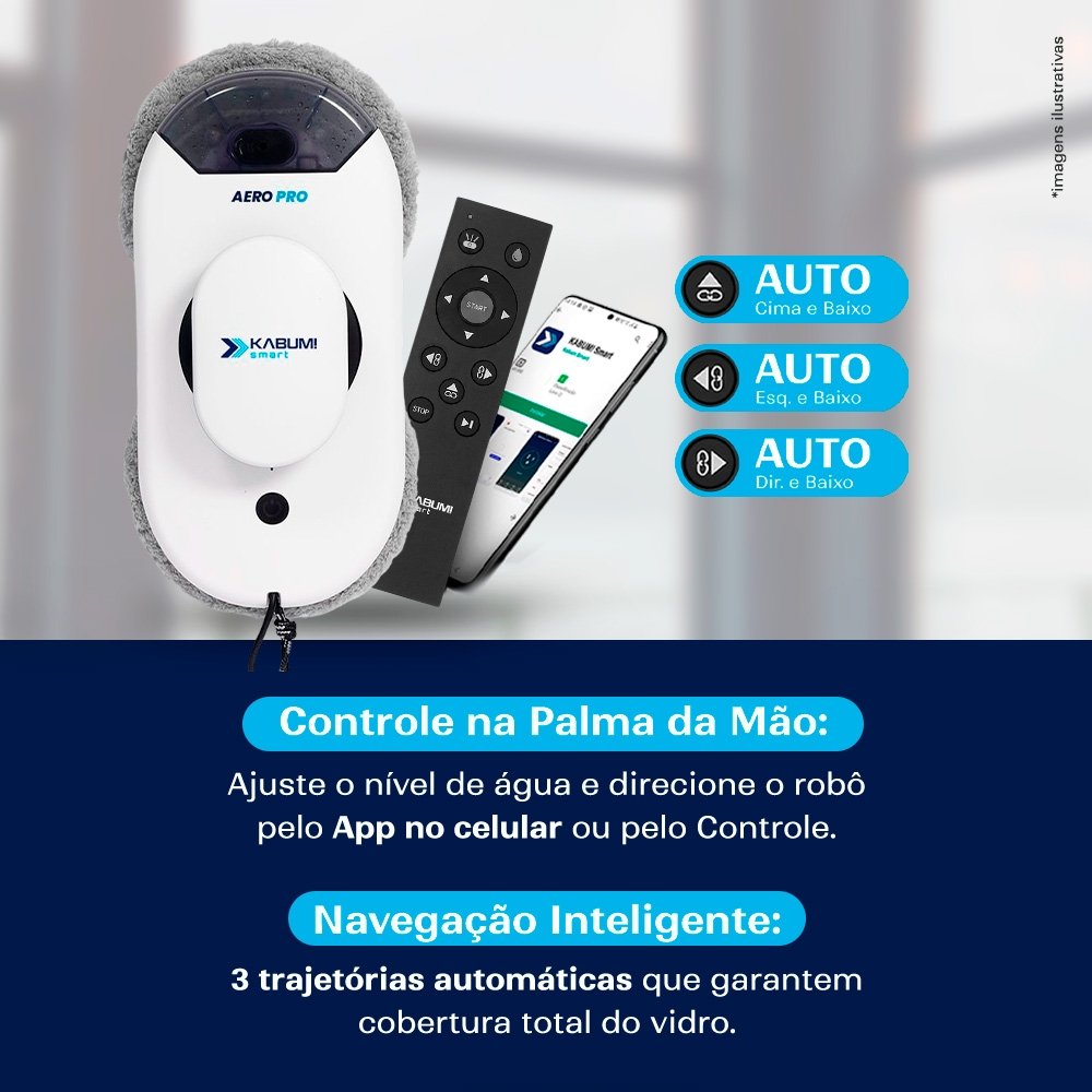 Robô Limpa Vidro KABUM! smart Aero Pro, 3 Modos de Limpeza, App, Controle Remoto, Spray Automático, Bivolt, Branco - KSLV010BR Robô Limpa Vidro KABUM! smart Aero Pro, 3 Modos de Limpeza, App, Controle Remoto, Spray Automático, Bivolt, Branco - KSLV010BR