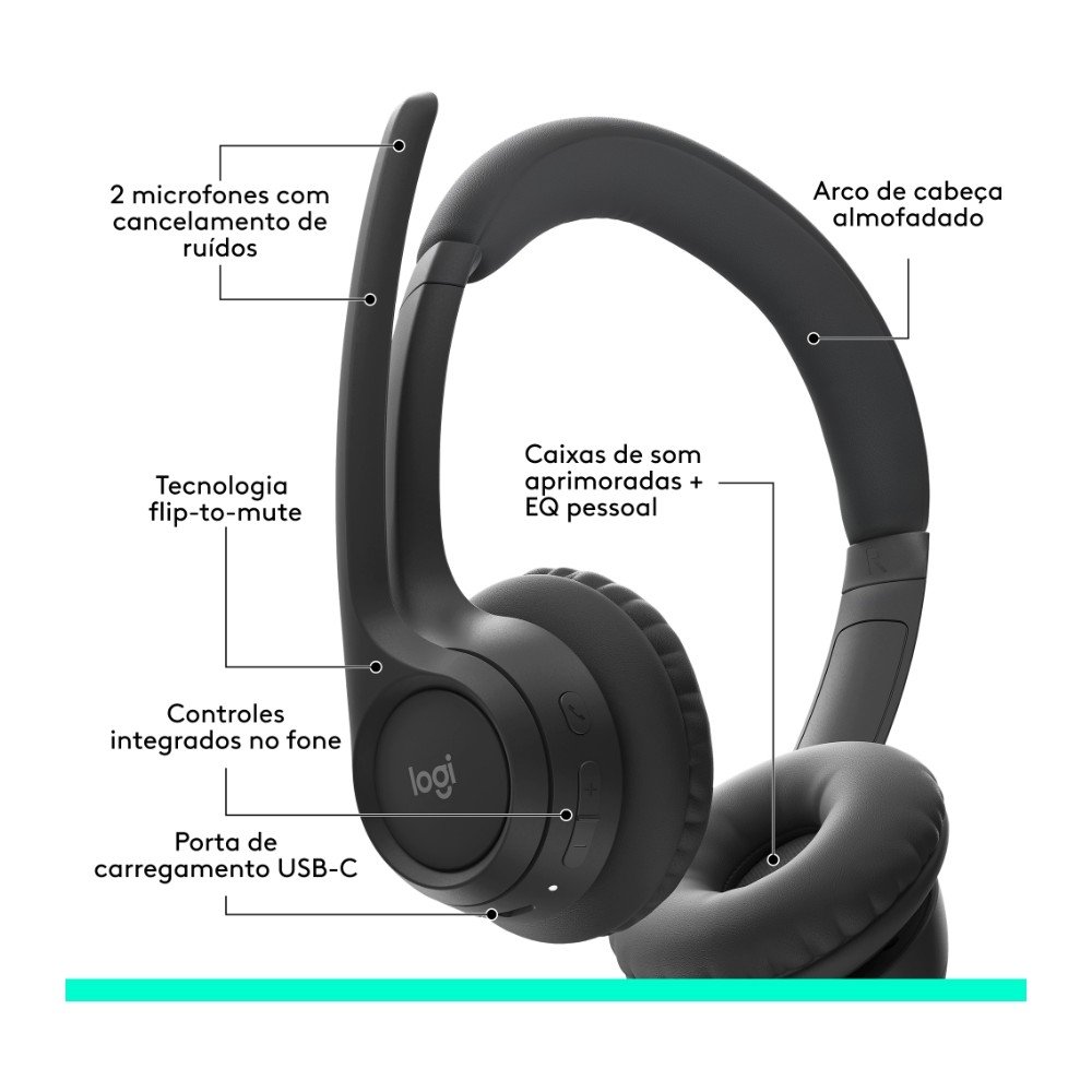 Headset Sem Fio Logitech Zone 300 Com Microfone com Cancelamento de Ruído, Conexão Bluetooth, Bateria Recarregável via USB-C, Grafite - 981-001406 Headset Sem Fio Logitech Zone 300 Com Microfone com Cancelamento de Ruído, Conexão Bluetooth, Bateria Recarregável via USB-C, Grafite - 981-001406