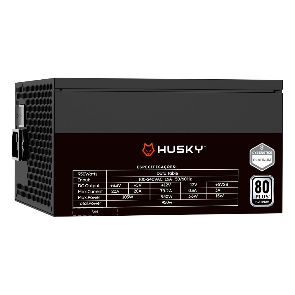 Fonte Husky Sledger 950W, 80 Plus Platinum, Cybenetics Platinum, PFC ativo, Bivolt - HFN950PT Fonte Husky Sledger 950W, 80 Plus Platinum, Cybenetics Platinum, PFC ativo, Bivolt - HFN950PT