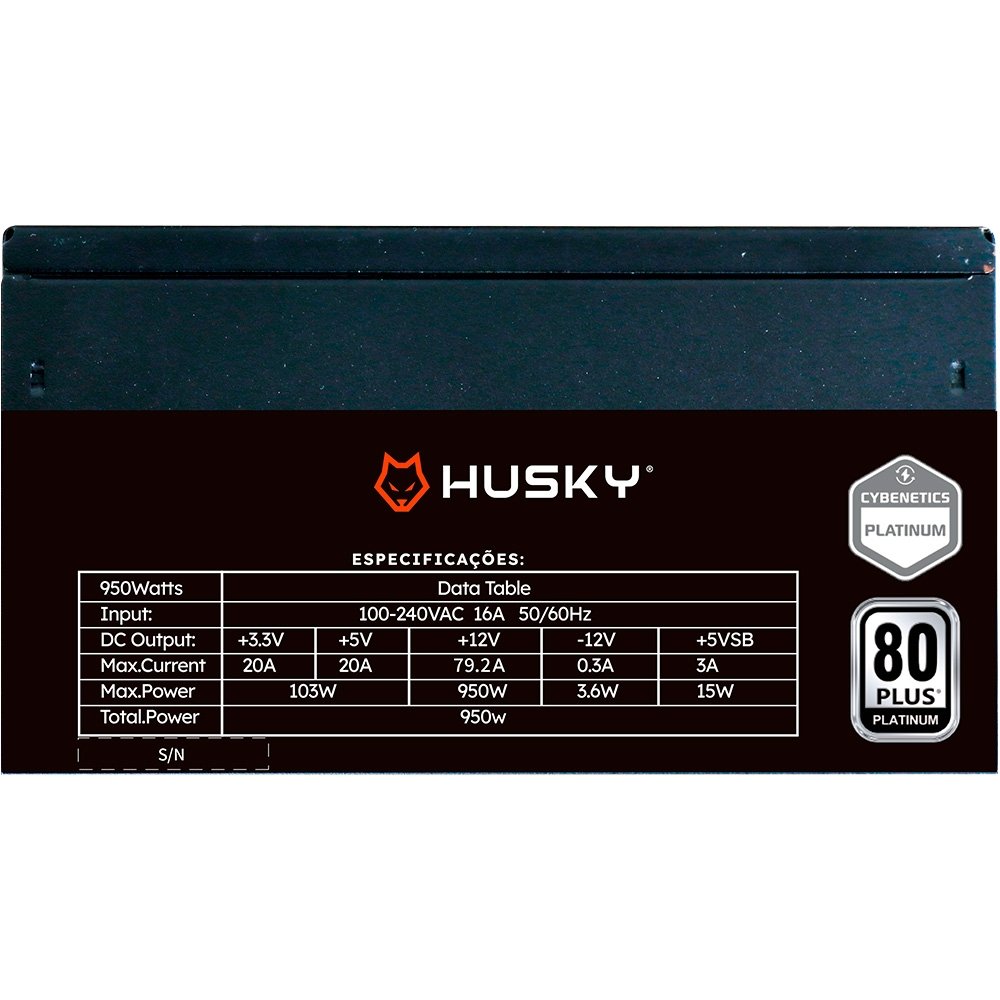 Fonte Husky Sledger 950W, 80 Plus Platinum, Cybenetics Platinum, PFC ativo, Bivolt - HFN950PT Fonte Husky Sledger 950W, 80 Plus Platinum, Cybenetics Platinum, PFC ativo, Bivolt - HFN950PT