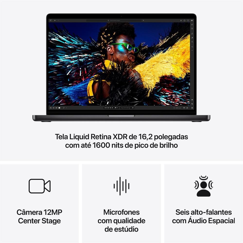 MacBook Pro Apple 16", M4 Pro, CPU 14 Núcleos, GPU 20 Núcleos, Neural Engine de 16 Núcleos, 24GB RAM, SSD 512GB, Preto-espacial - MX2X3BZ/A