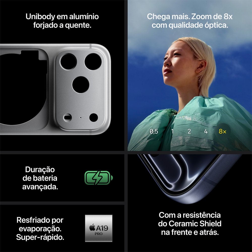 iPhone 17 Pro Max Apple 512GB, Câmera Tripla Fusion de 48MP, Tela 6.9" Super Retina XDR, Prateado