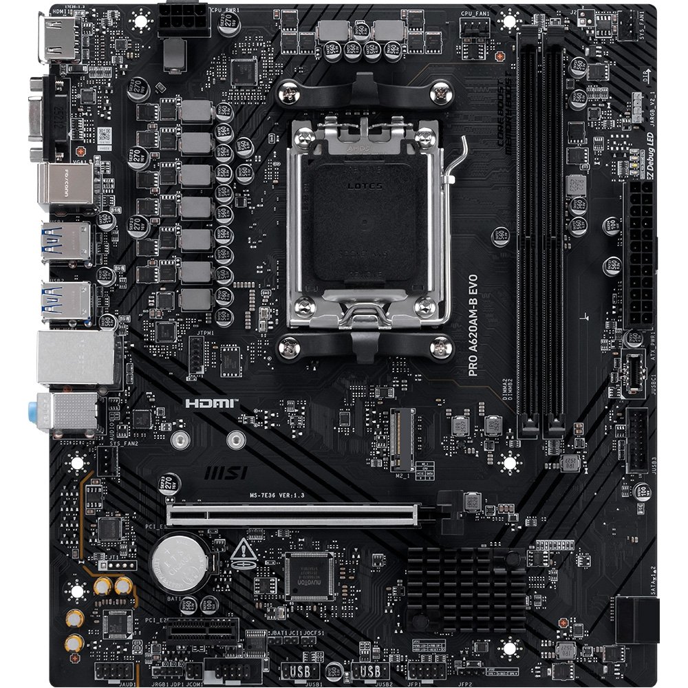 Placa-Mãe MSI PRO A620M-B EVO, AMD AM5, mATX, DDR5 - PROA620AMBEVO Placa-Mãe MSI PRO A620M-B EVO, AMD AM5, mATX, DDR5 - PROA620AMBEVO