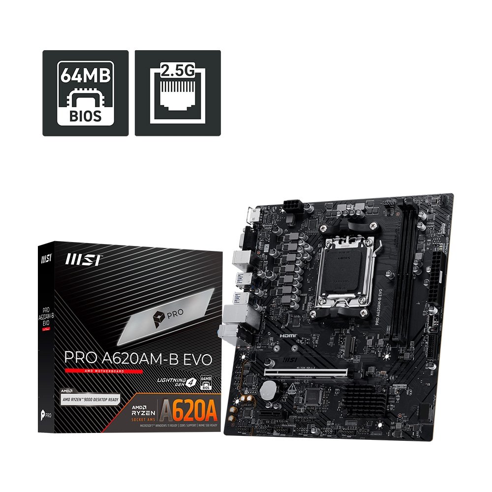 Placa-Mãe MSI PRO A620M-B EVO, AMD AM5, mATX, DDR5 - PROA620AMBEVO Placa-Mãe MSI PRO A620M-B EVO, AMD AM5, mATX, DDR5 - PROA620AMBEVO