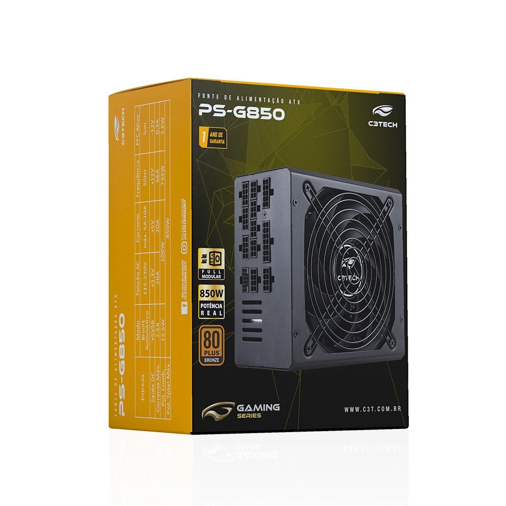 Fonte C3Tech Gaming PS-G850, 850W, 80 Plus Bronze, Full Modular - PS-G850