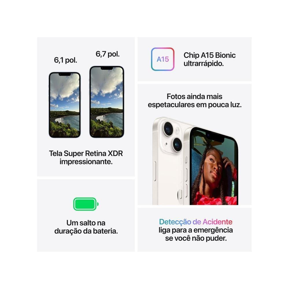 Apple iPhone 14, 128GB, Câmera 12MP, Tela 6.1 Super Retina XDR, Roxo Apple iPhone 14, 128GB, Câmera 12MP, Tela 6.1 Super Retina XDR, Roxo
