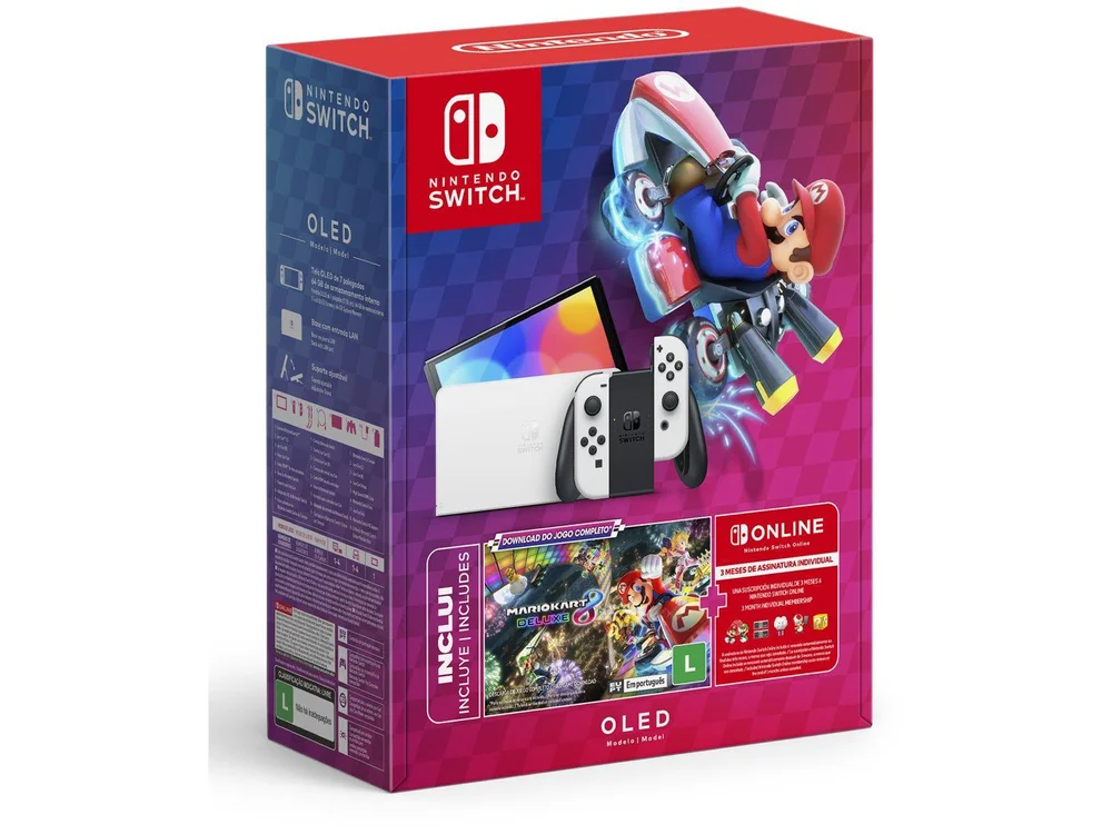 Nintendo Swich 64GB 2 Controles Joy-Con Branco 3 Meses de Assinatura Nintendo Switch Online