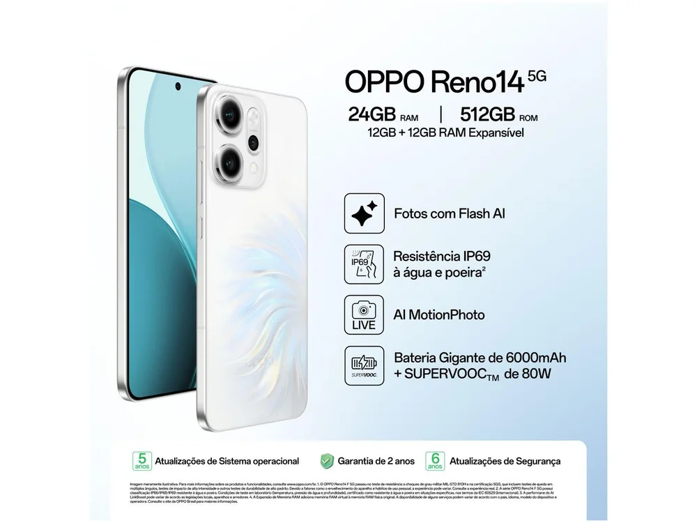 Smartphone OPPO Reno14 512GB 5G 12GB RAM Branco Pé