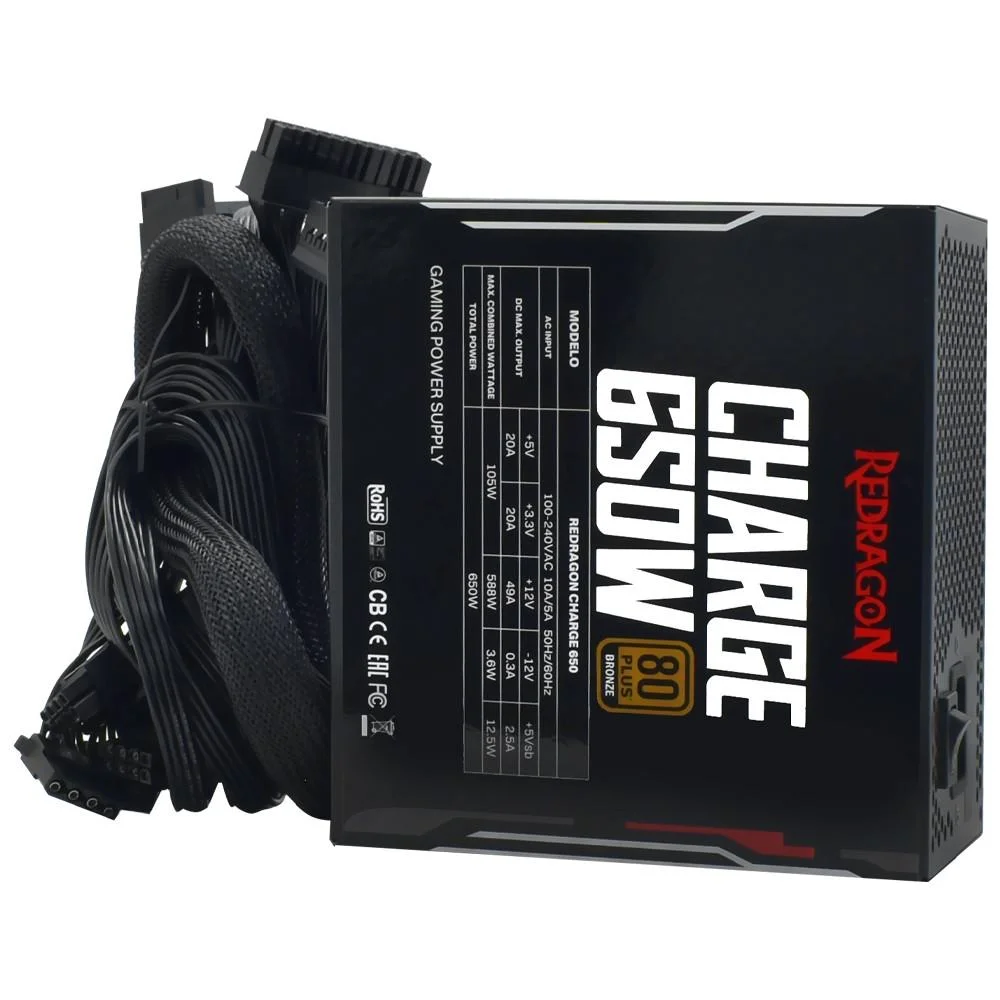 Fonte PC 650w Redragon Charge 80 Plus Bronze, Capacitores 100% Japoneses, Frc-650w Fonte PC 650w Redragon Charge 80 Plus Bronze, Capacitores 100% Japoneses, Frc-650w