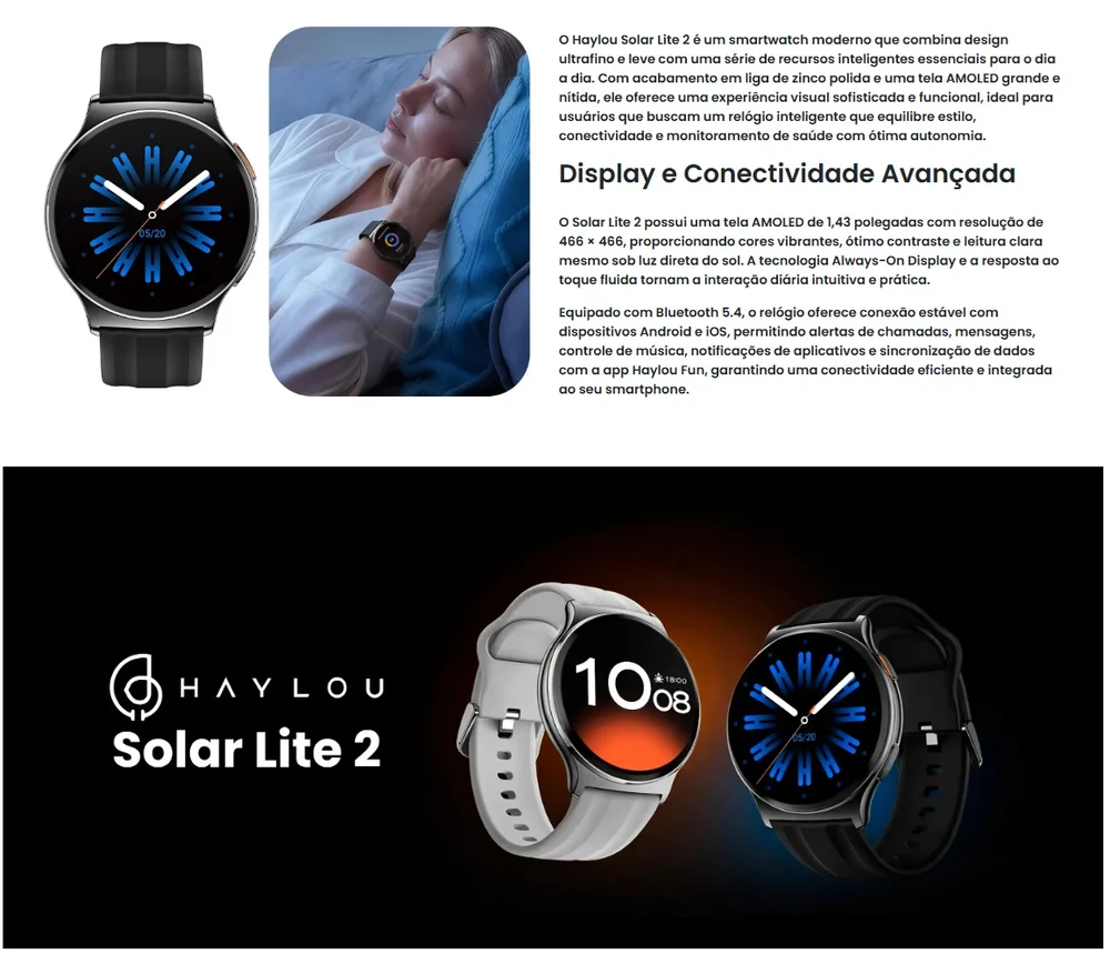 Smartwatch Haylou Solar Lite 2 Hcr01, Tela AmoLED 1,43, Chamadas, 1 Atm, Assistente De Voz - Preto Smartwatch Haylou Solar Lite 2 Hcr01, Tela AmoLED 1,43, Chamadas, 1 Atm, Assistente De Voz - Preto