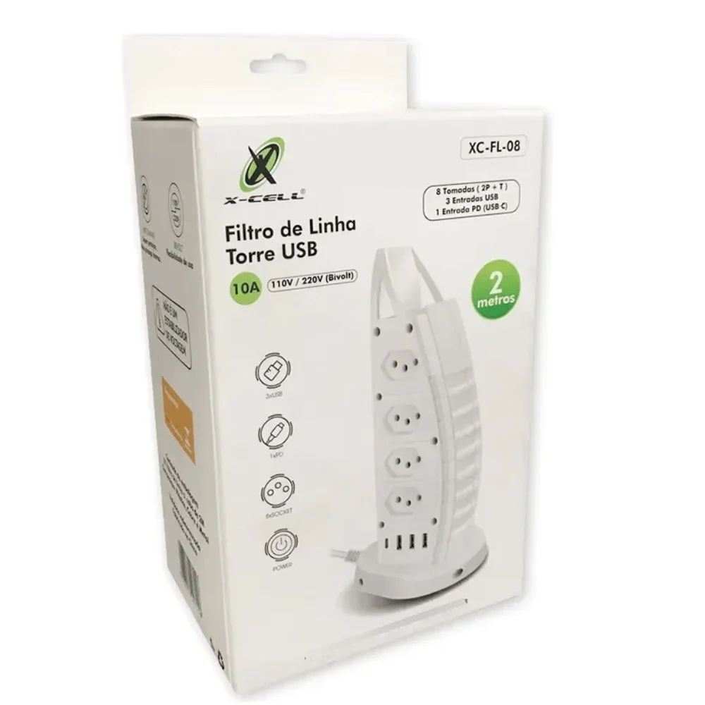 Filtro De Linha Torre Extensão 8 Tomadas Usb/tipo-c 2m X-cell Filtro De Linha Torre Extensão 8 Tomadas Usb/tipo-c 2m X-cell