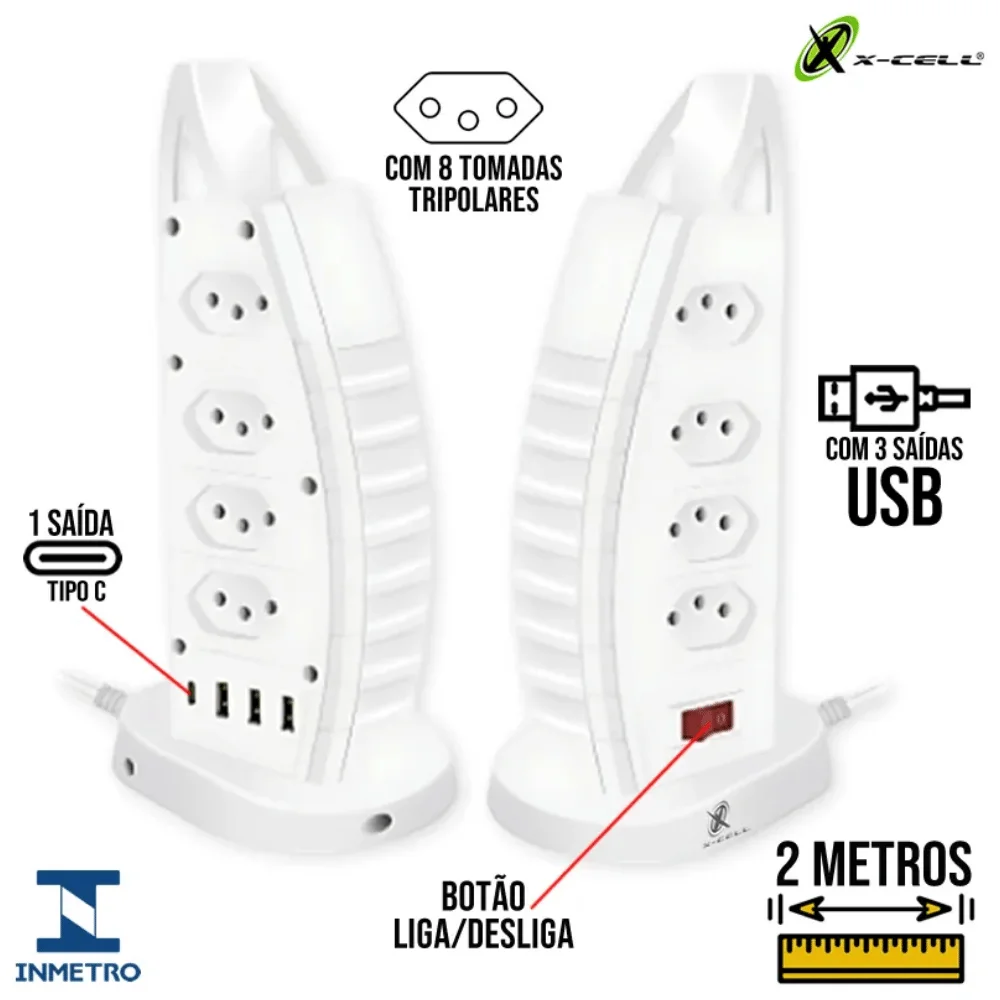 Filtro De Linha Torre Extensão 8 Tomadas Usb/tipo-c 2m X-cell Filtro De Linha Torre Extensão 8 Tomadas Usb/tipo-c 2m X-cell