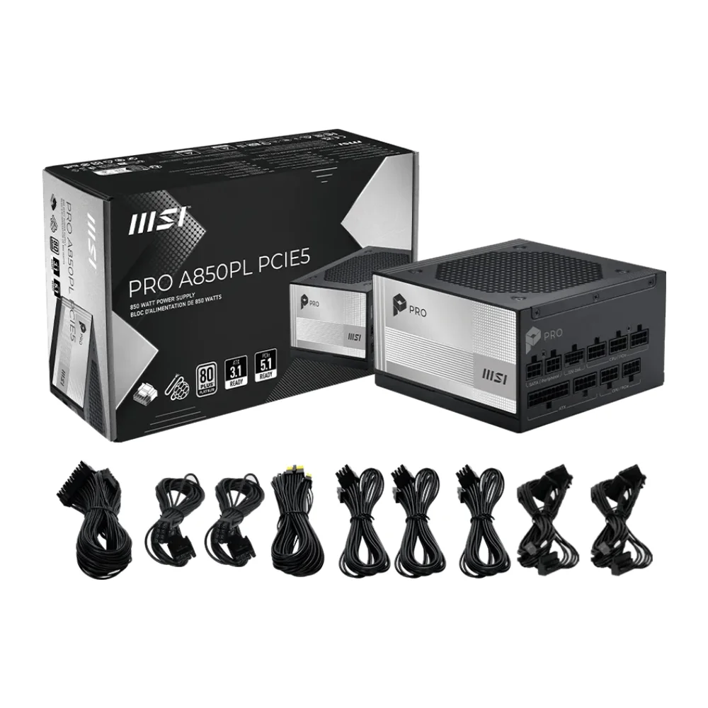 Fonte 850w 80 Plus Platinum Msi Pro A850pl PCie5, Atx 3.1, Full-modular, Black - Pro A850pl PCie5 Fonte 850w 80 Plus Platinum Msi Pro A850pl PCie5, Atx 3.1, Full-modular, Black - Pro A850pl PCie5