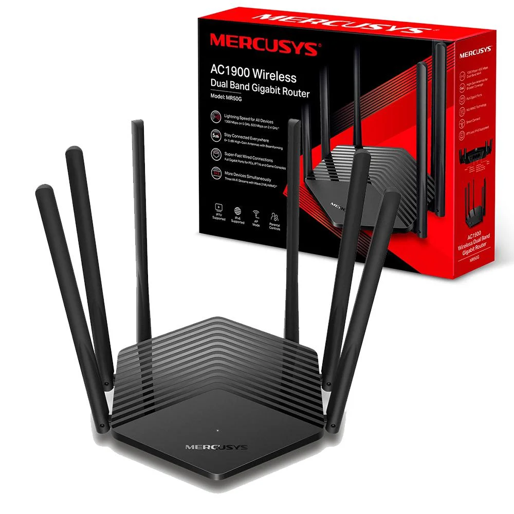 Roteador Mercusys MR50G, Dual-Band, AC1900 Mbps 2.4Ghz e 5Ghz. MU-MIMO 3X3 6 Antenas IPv6 - MR50G Roteador Mercusys MR50G, Dual-Band, AC1900 Mbps 2.4Ghz e 5Ghz. MU-MIMO 3X3 6 Antenas IPv6 - MR50G