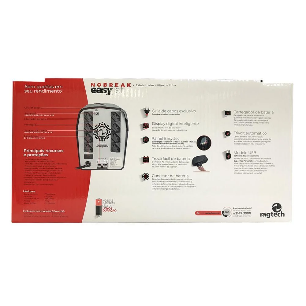 Nobreak Ragtech Easy Jet, 2000VA, Cbu-ti, Entrada Trivolt, Saída 115V, 8 Tomadas, Preto - 20NEJ4222