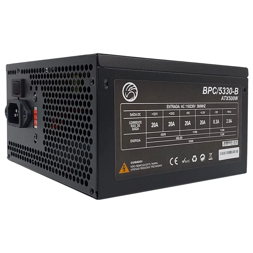 Fonte 500w, Brazil PC, Bivolt Manual, 24 Pinos, C/ Cabo -  Bpc/5330-b