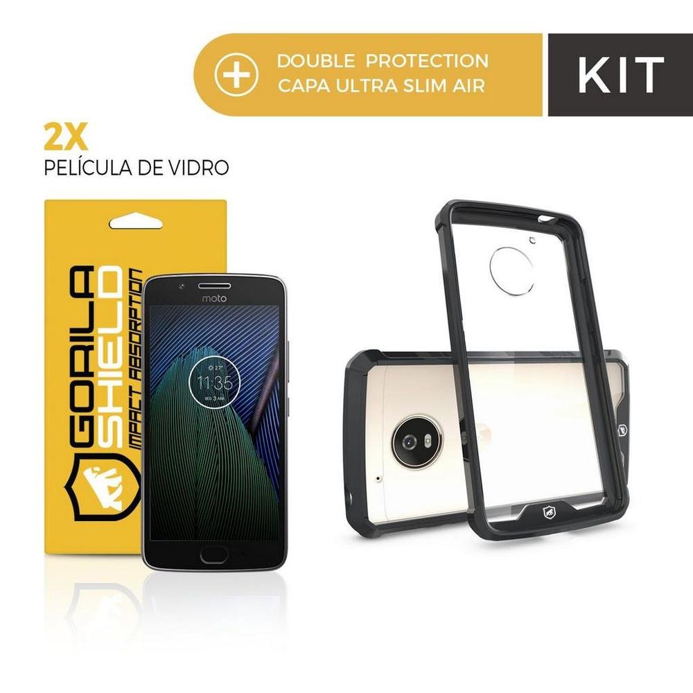 Kit Capa Ultra Slim Air Preta E Película De Vidro Dupla Para Motorola Moto G5 Plus - Gorila Shield