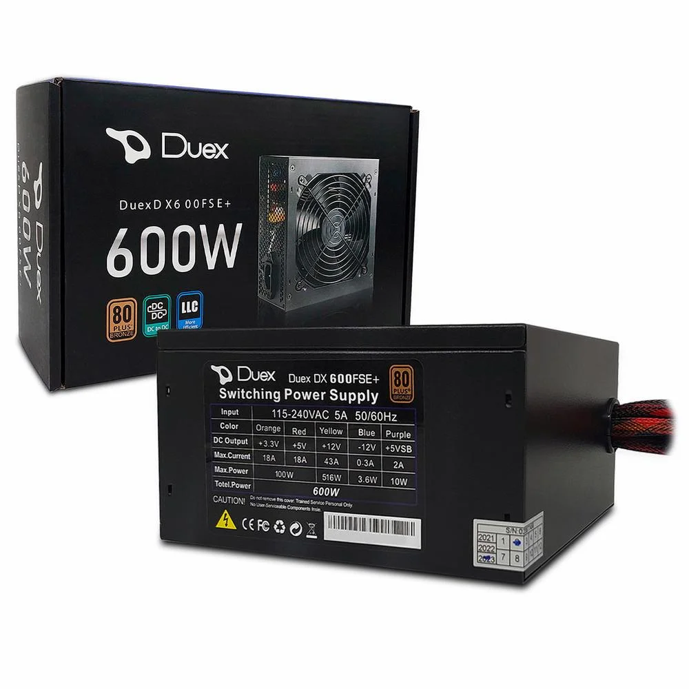 Fonte Duex Dx 600wfse+ 600w, ATX, Bivolt Automático, 80 Plus Bronze, PFC Ativo, Preto Fonte Duex Dx 600wfse+ 600w, ATX, Bivolt Automático, 80 Plus Bronze, PFC Ativo, Preto