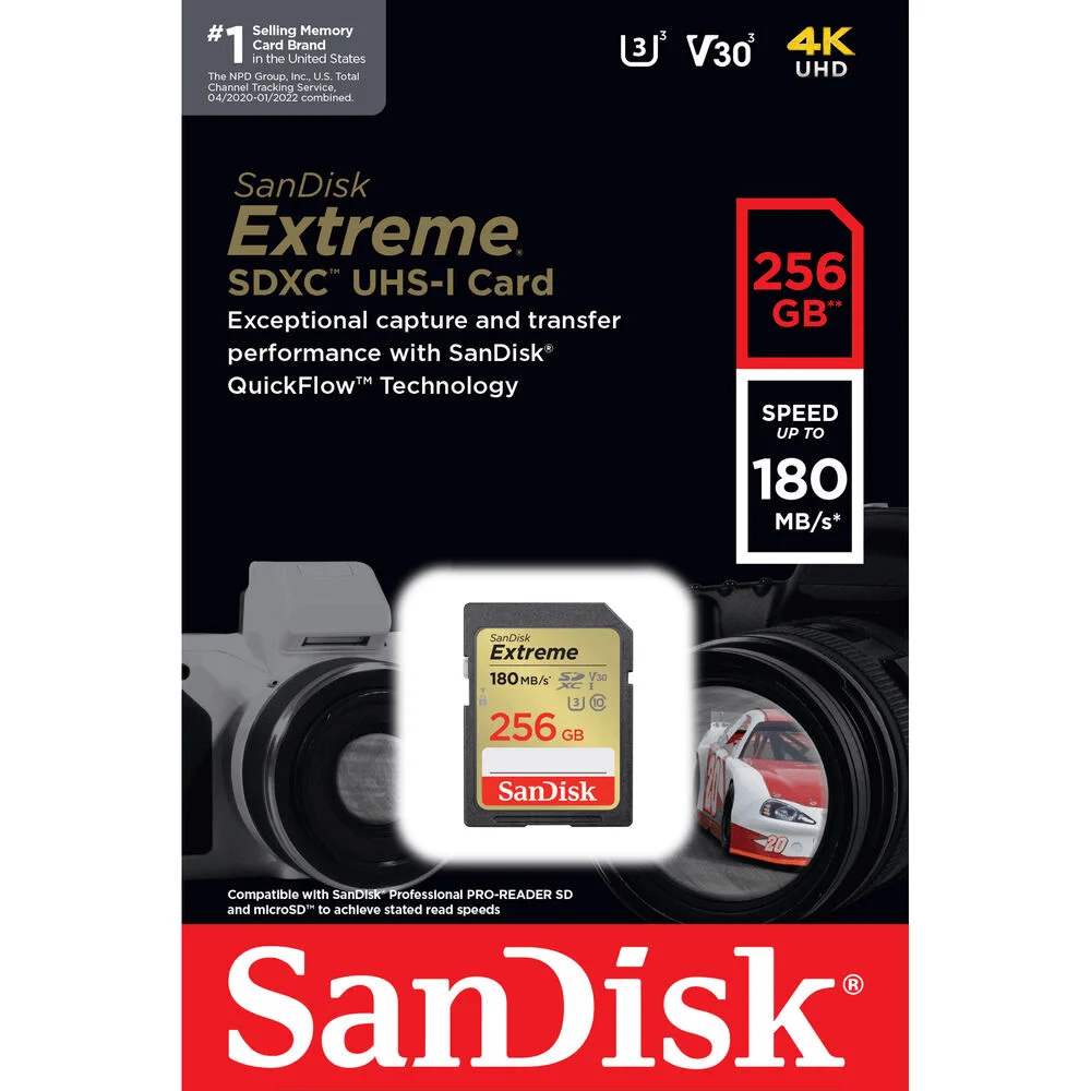 Cartão Sdxc 256GB Sandisk Extreme 4k 180mb/s Uhs-i / V30 / U3 / Classe 10