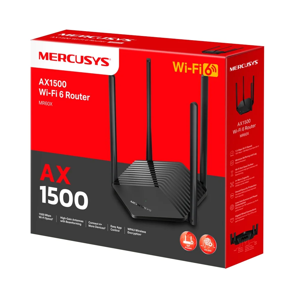 Roteador Mercusys, Mr60x, Ax1500, Gigabit 10/100/1000, 1201 Mbps + 300 Mbps, Dual Band, 4 antenas, Wi-fi 6, Preto Roteador Mercusys, Mr60x, Ax1500, Gigabit 10/100/1000, 1201 Mbps + 300 Mbps, Dual Band, 4 antenas, Wi-fi 6, Preto