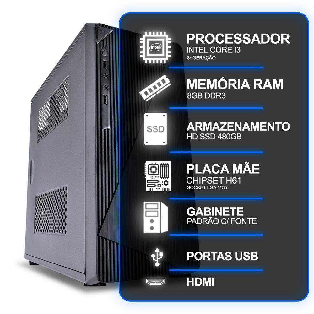 Computador Desktop, Intel Core I3 3º Geração, 8GB RAM, HD SSD 480GB, Conexões USB, VGA, HDMI, lan, som em Campinas - foto 4