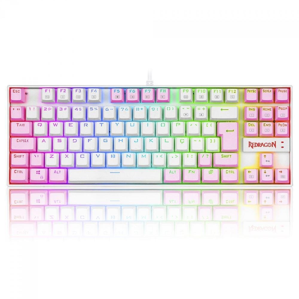 Teclado Mecanico Gamer Kumara RGB Switch Blue Redragon, Branco E Rosa - K552wp-rGB Teclado Mecanico Gamer Kumara RGB Switch Blue Redragon, Branco E Rosa - K552wp-rGB