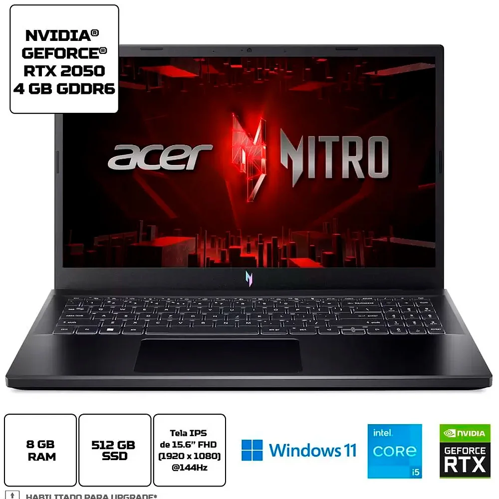 Notebook Gamer Acer Nitro V15, Intel Core i5-13420h, 8GB DDR5, RTX 2050 4GB, SSD 512GB, Tela 15.6" FHD 144Hz, Windows 11 Home - Anv15-51-58ql Notebook Gamer Acer Nitro V15, Intel Core i5-13420h, 8GB DDR5, RTX 2050 4GB, SSD 512GB, Tela 15.6" FHD 144Hz, Windows 11 Home - Anv15-51-58ql