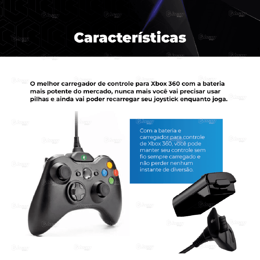Kit 2 Baterias Recarregáveis Para Controle Joystick Sem Fio XBOX 360 + Cabo Usb Carregador Incluso Kit 2 Baterias Recarregáveis Para Controle Joystick Sem Fio XBOX 360 + Cabo Usb Carregador Incluso