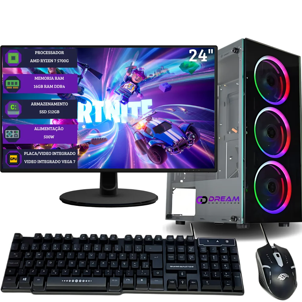 "PC GAMER Completo  AMD RYZEN 7 5700G , 16GB RAM, Placa Vega 8, SSD 512GB, Fonte 500W. Windows 10 trial + Monitor 24"" LED + Kit Gamer"
