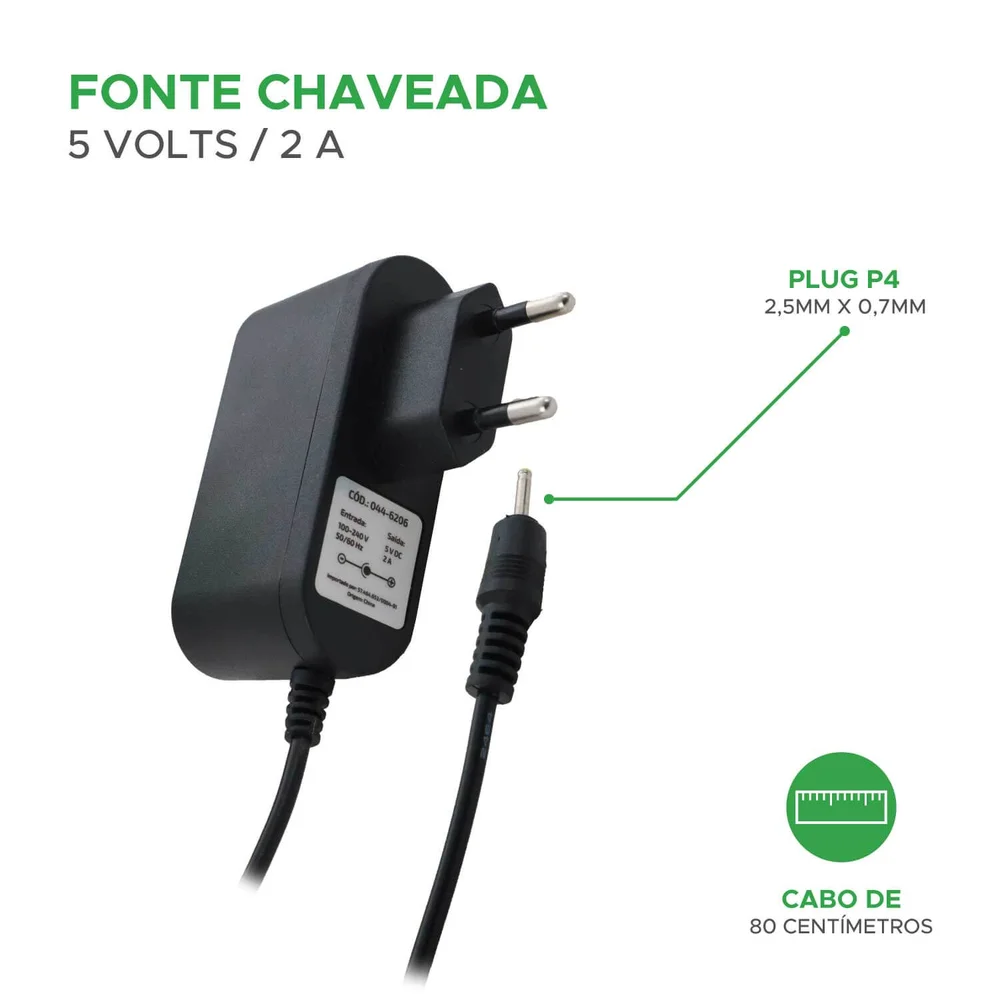Fonte Estabilizada Chaveada 5v 2a Plug P4 2,5x0,7mm Bivolt