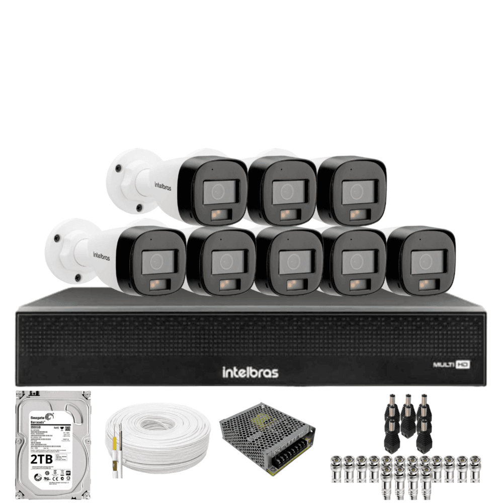 Kit 8 Câmeras Intelbras 3220b Full Color Com Áudio Dvr Mhdx 1016-c Intelbras Com Detecção De Movimentos Hd 2TB