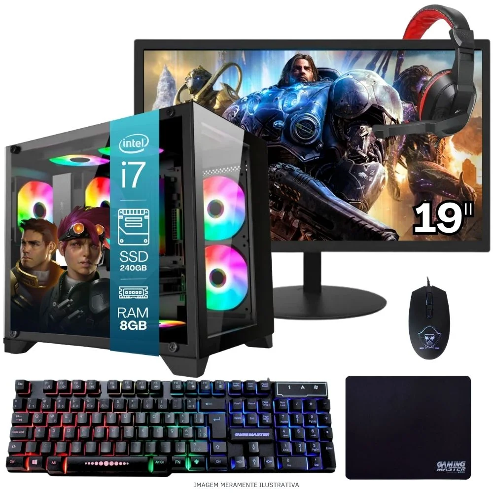 "Computador PC Gamer Completo Balão.info Intel Core I7 SSD 480GB 16gb Gabinete Aquário Teclado Mouse Mouse Pad E Headset Gamer Monitor 19"" WINDOWS 10 Pro Trial"