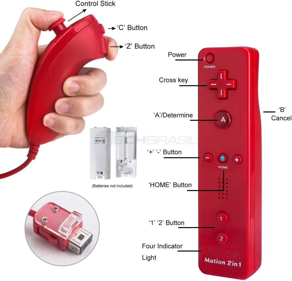 Controle Wii Remote Plus + Nunchuk Para Nintendo Wii E Wii U Vermelho Controle Wii Remote Plus + Nunchuk Para Nintendo Wii E Wii U Vermelho