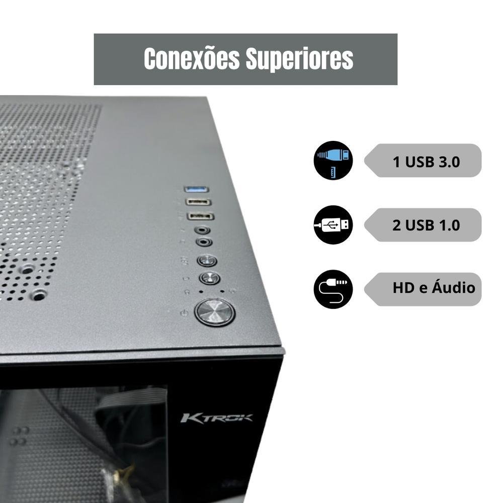 Gabinete Gamer Ktrok Cubo Preto Aquario Lateral Frente Vidro