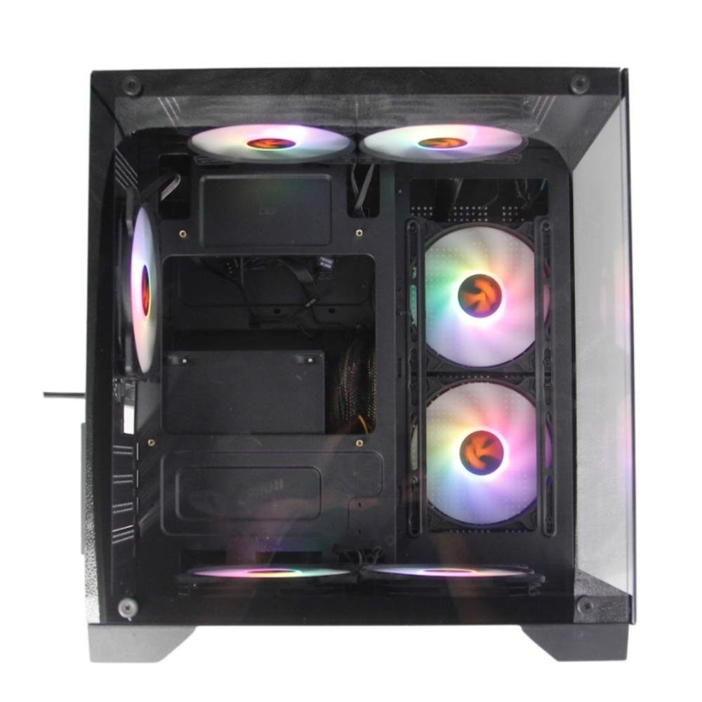 Gabinete Gamer Ktrok Cubo Preto Aquario Lateral Frente Vidro
